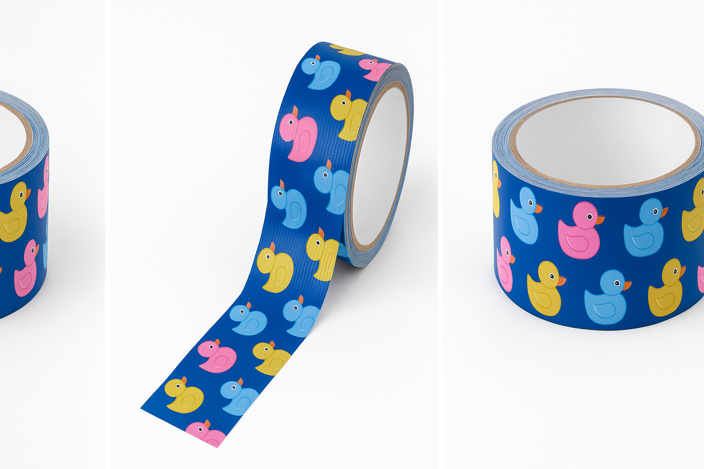 Professional product photos of 1.8 inch wide, 10 yard duct tape rolls featuring colorful rubber duck pattern with yellow, pink, and blue ducks on deep blue background, shown from multiple angles