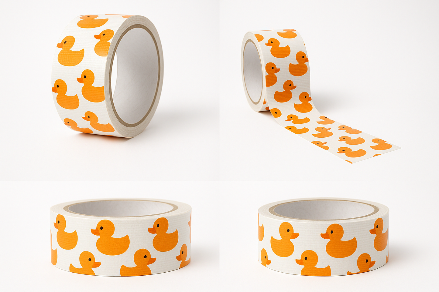 Professional product photos of duck print duct tape with white base and orange rubber ducks, shown from multiple angles