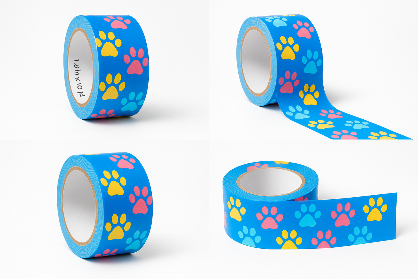 Professional product photos of paw print duct tape rolls with colorful yellow, pink, and blue paw prints, shown from multiple angles