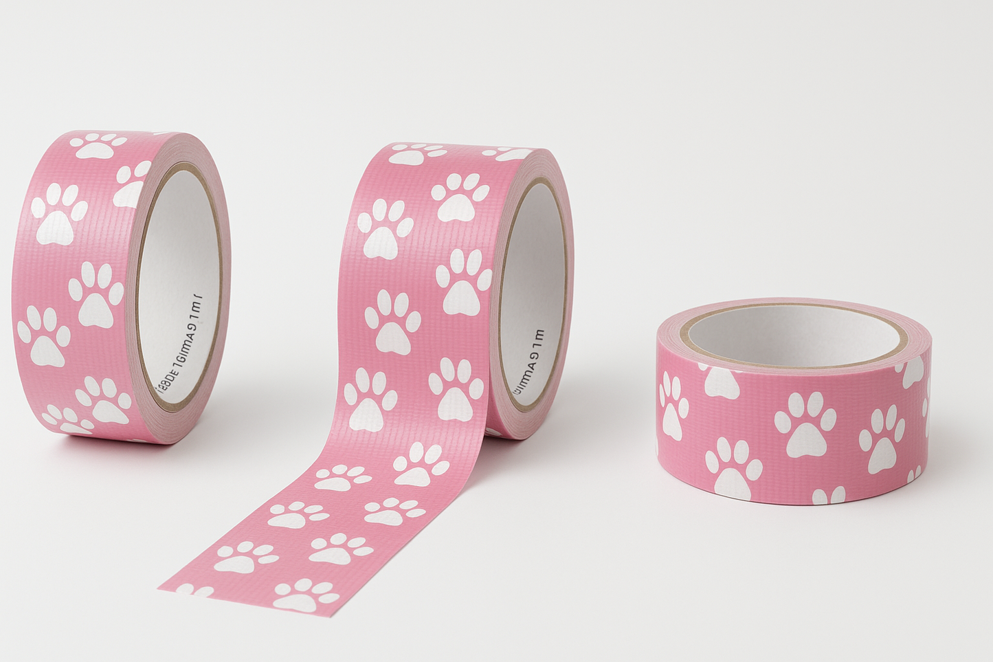 Professional product photos of paw print duct tape with pink base and white paw prints, displayed from various angles