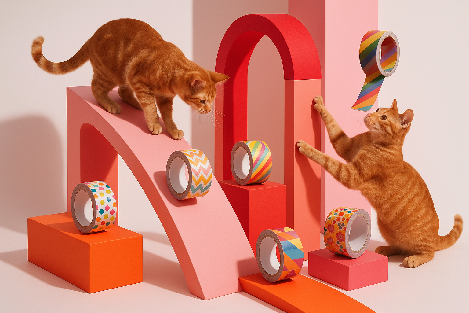 Architectural geometric scene with cats playing on pink and red platforms while showcasing colorful printed duct tape products