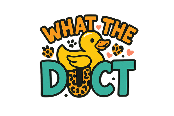 Fun and memorable logo for "What The Duct" featuring playful lettering with a cute rubber duck character and colorful design elements