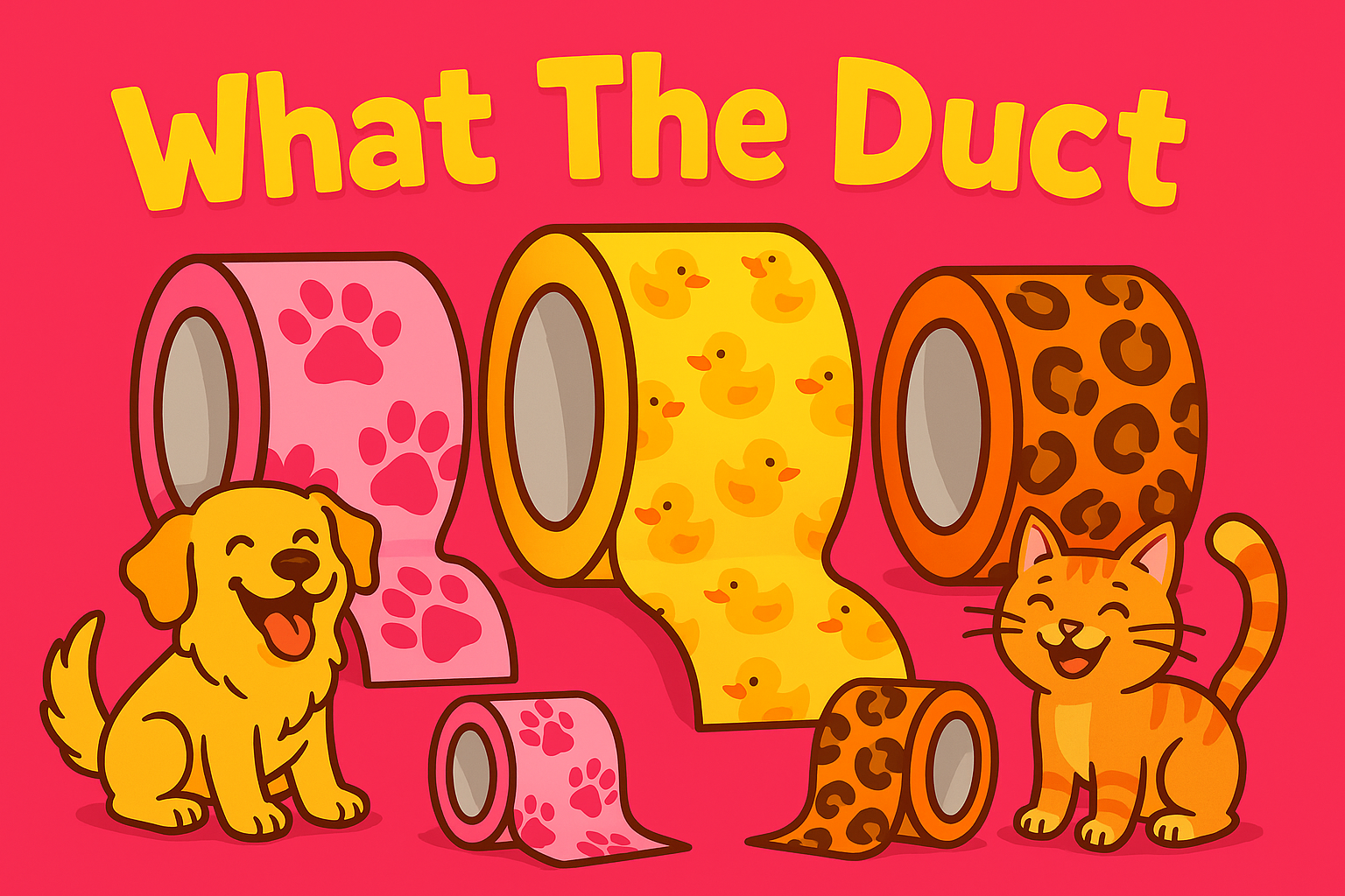 Homepage banner for "What The Duct" with prominent duct tape rolls as the main focus, featuring laughing dog and smiling cat as supporting characters in bright pink, red, and orange colors