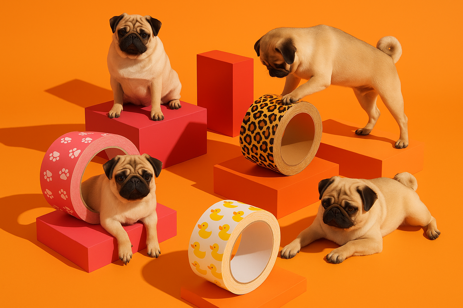 Modern scene featuring pugs with printed duct tape rolls in vibrant orange and pink geometric setting