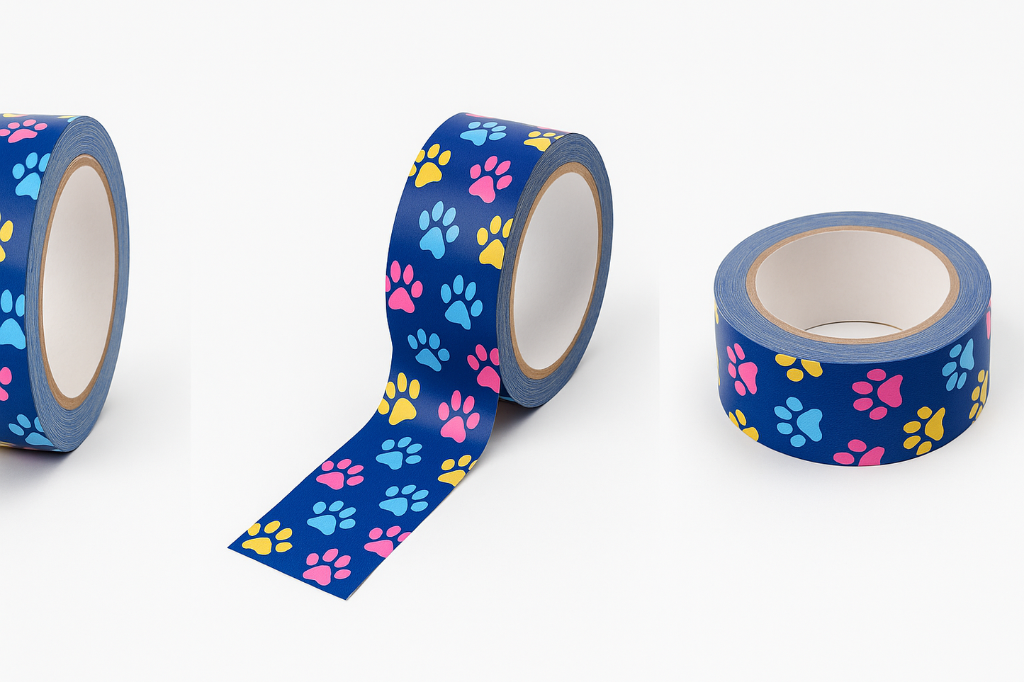 Professional product photos of 1.8 inch wide, 10 yard duct tape rolls featuring colorful paw print pattern with yellow, pink, and blue paw prints on deep blue background, shown from multiple angles