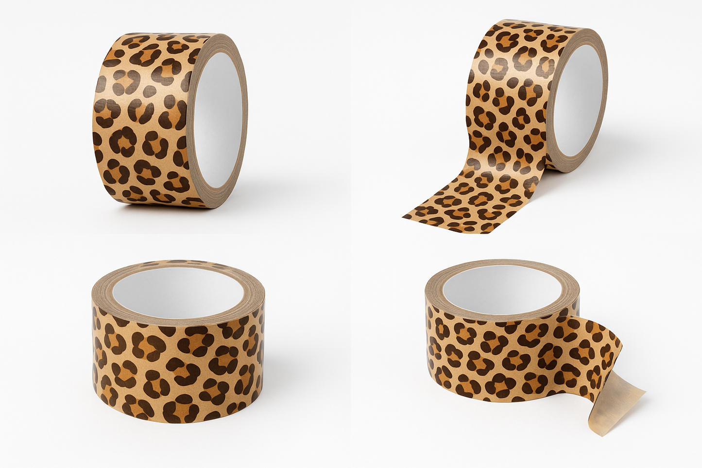 Professional product photos of 1.8 inch wide, 10 yard duct tape rolls featuring leopard print pattern with brown and dark brown spots on tan background, shown from multiple angles