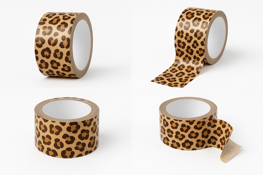 Professional product photos of 1.8 inch wide, 10 yard duct tape rolls featuring leopard print pattern with brown and dark brown spots on tan background, shown from multiple angles