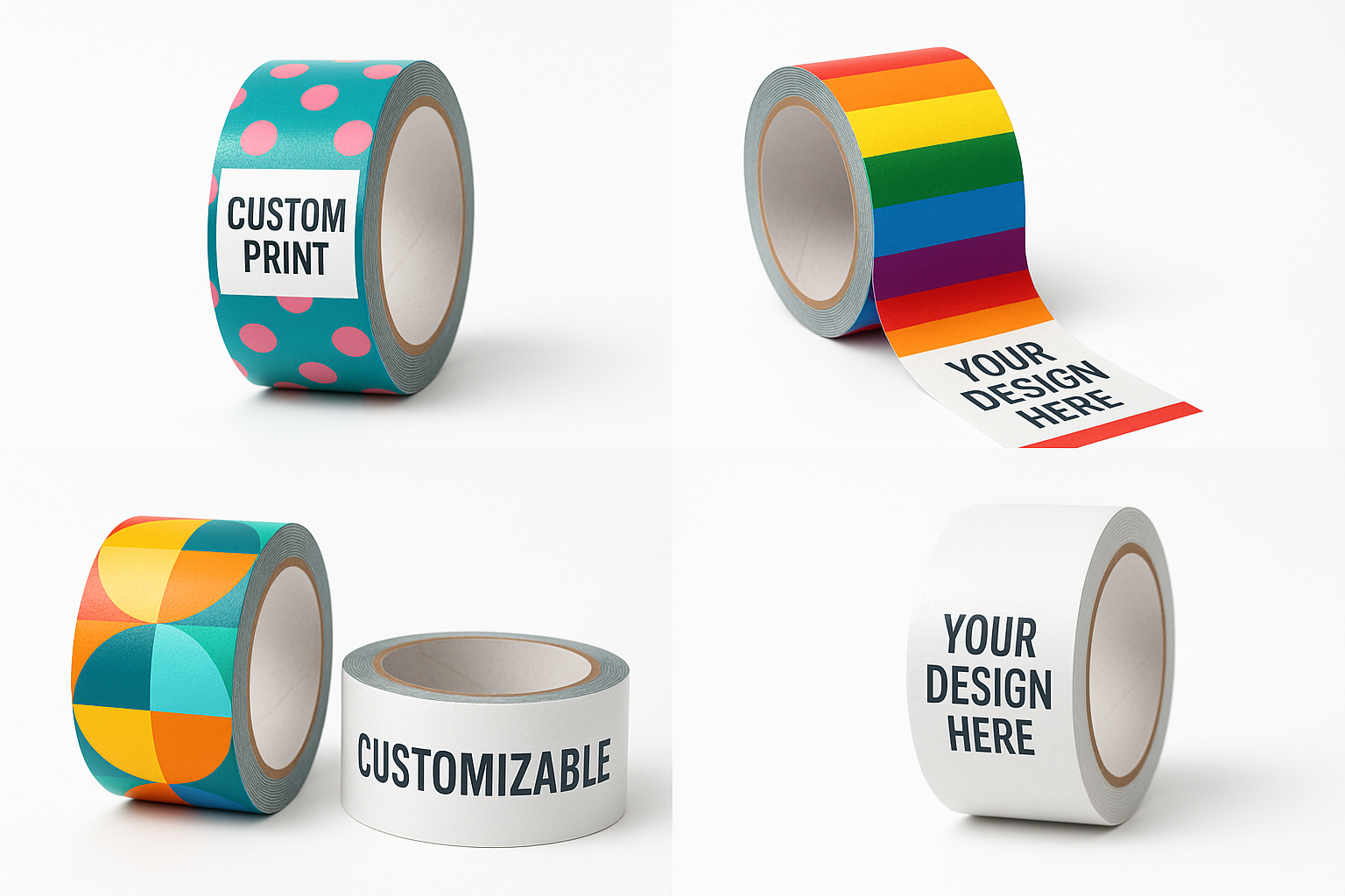 Professional product photos of custom on-demand printed duct tape rolls with various customizable patterns and designs