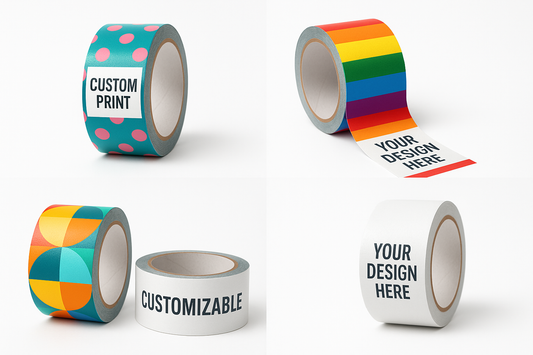 Professional product photos of custom on-demand printed duct tape rolls with various customizable patterns and designs