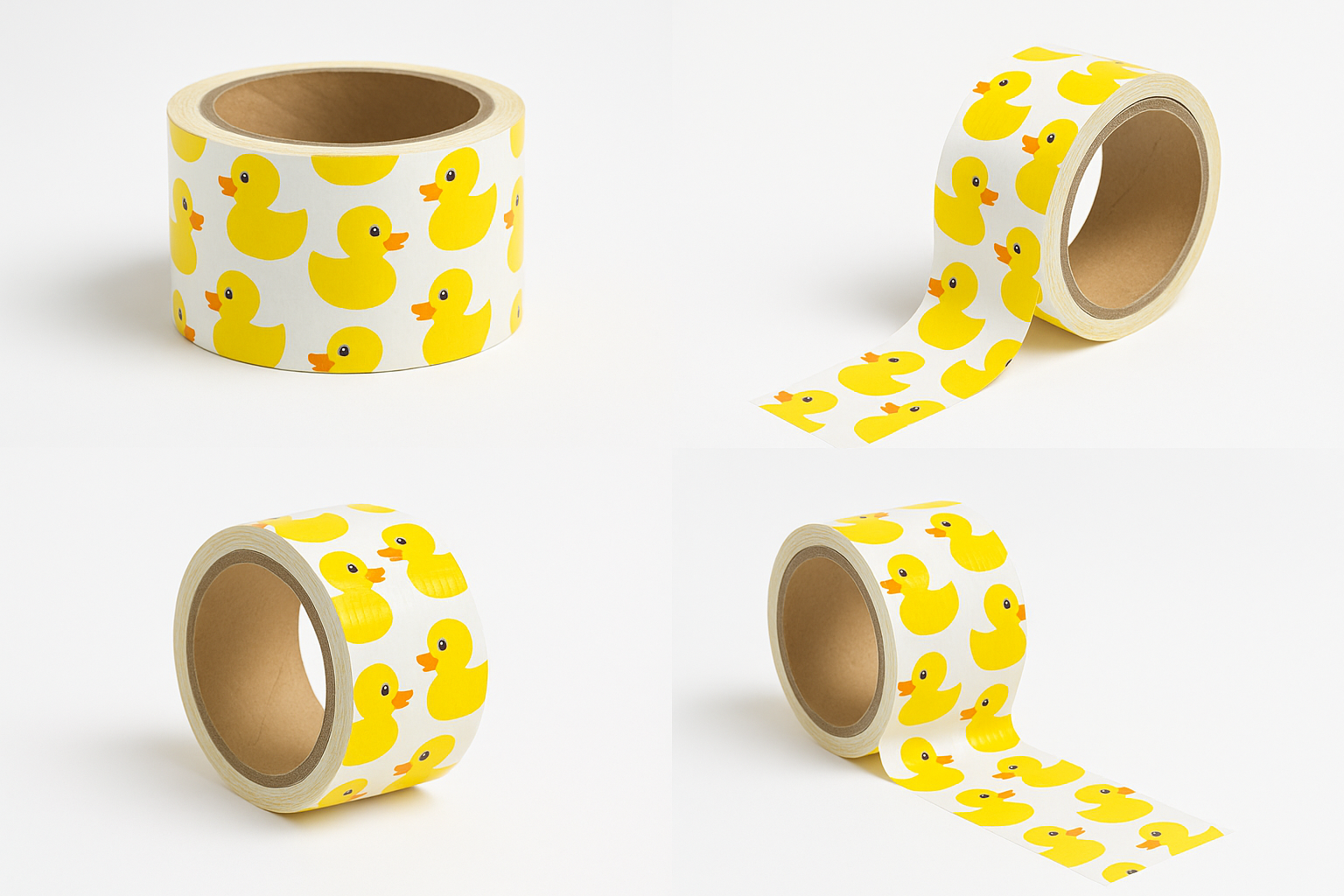 Professional product photos of duck print duct tape with white base and yellow rubber ducks, displayed from various angles