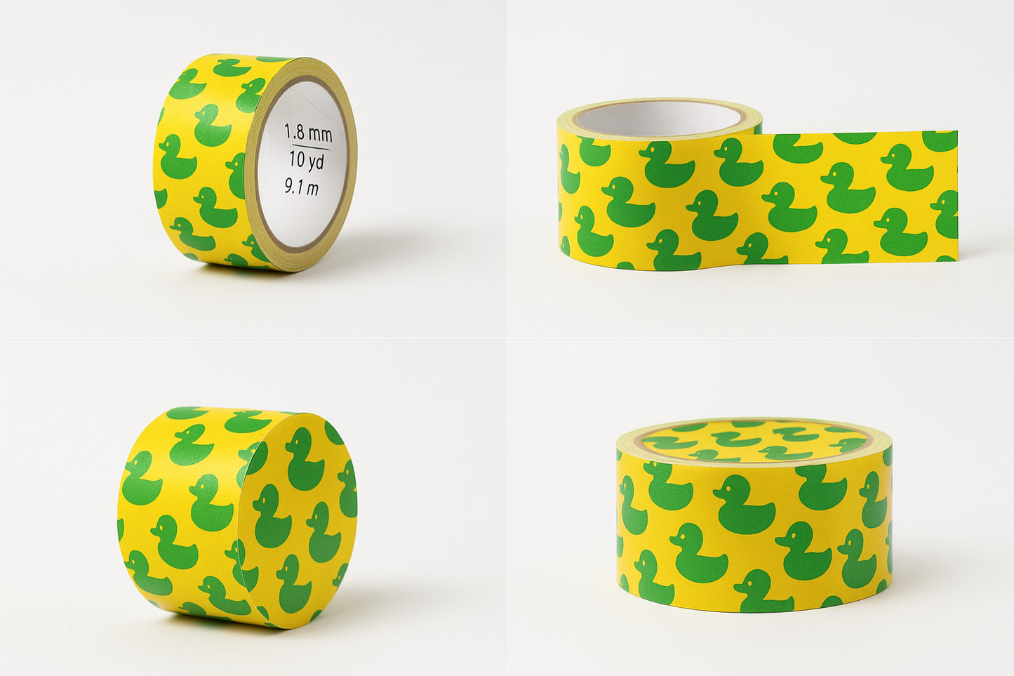 Professional product photos of duck print duct tape with yellow base and green rubber ducks, shown from multiple angles