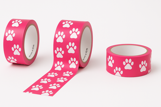 Professional product photos of paw print duct tape with bright hot pink base and white paw prints, shown in multiple angles