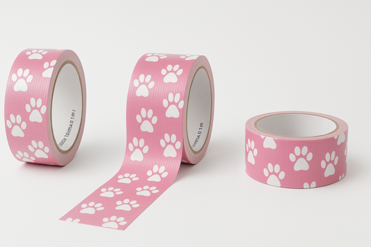 Professional product photos of paw print duct tape with pink base and white paw prints, displayed from various angles