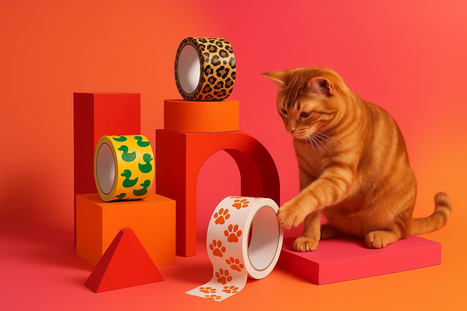 Stylish product photography scene for printed duct tape store with orange tabby cat and colorful geometric platforms showcasing paw print, duck print, and leopard print duct tape rolls